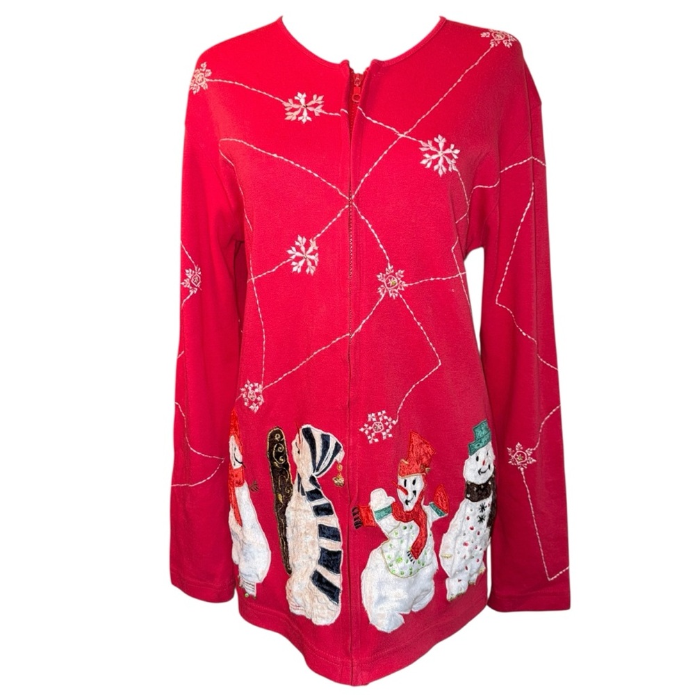 VTG Collections Etc Snowman Christmas Cardigan M Red Zip Up Front Winter Theme